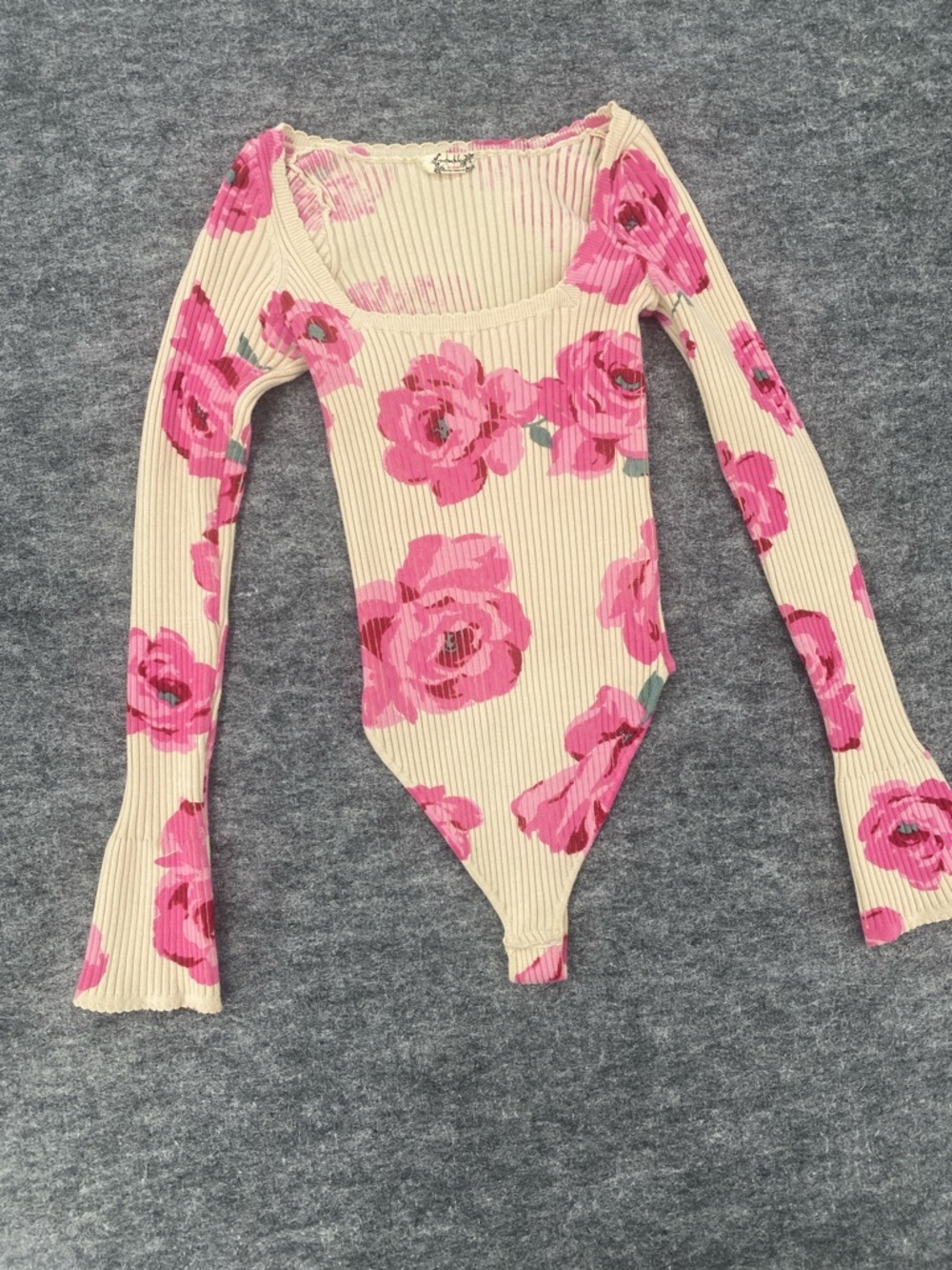 Free People Cream Ribbed Bodysuit with Pink Accent Lover to Lover Bodysuit M - Picture 3 of 8